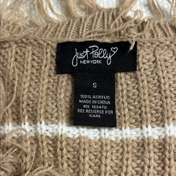 JUST POLLY Tan Fringed V-Neck Cropped Sweater - Picture 3 of 4